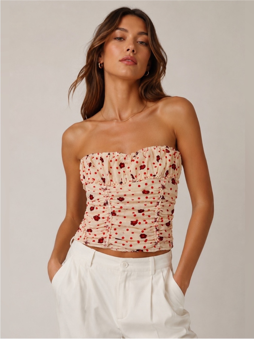 Free People Cream Ruched Tube Top with Red Polka Dots & Burgundy Floral